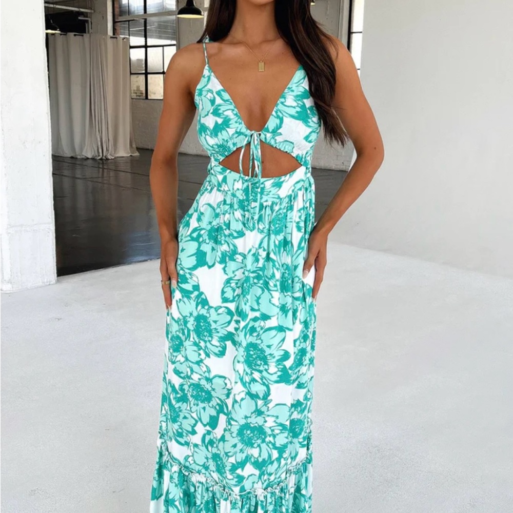 Teal and White Cut Out Tie Front Maxi Sundress